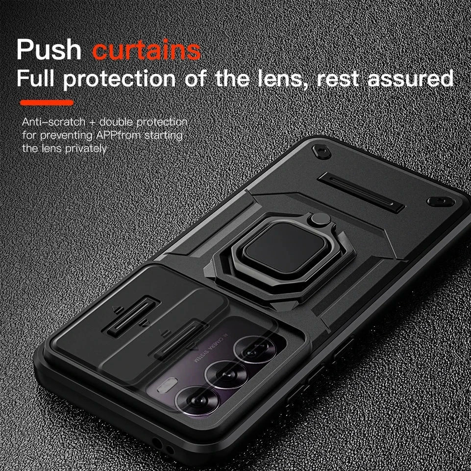 Shockproof Slide & Push Camera Lens Protection Case with Ring Stand for Oppo Reno12 Series