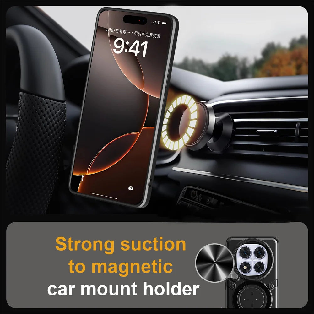 Slide Lens Protective Shockproof Armor Magnetic Case with Rotatable Ring for Xiaomi Redmi Note 14 Series