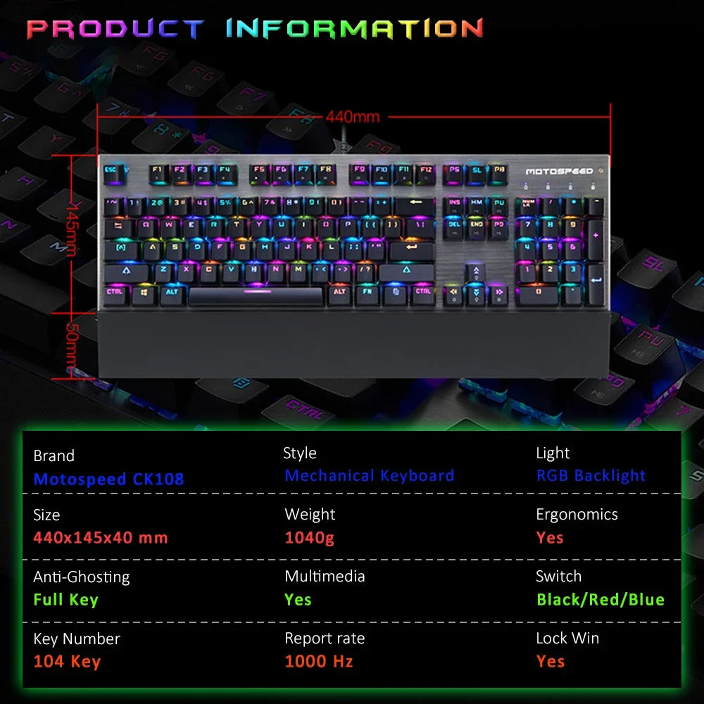 Motospeed CK108 104-Key Wired Mechanical Gaming Keyboard with RGB Backlight