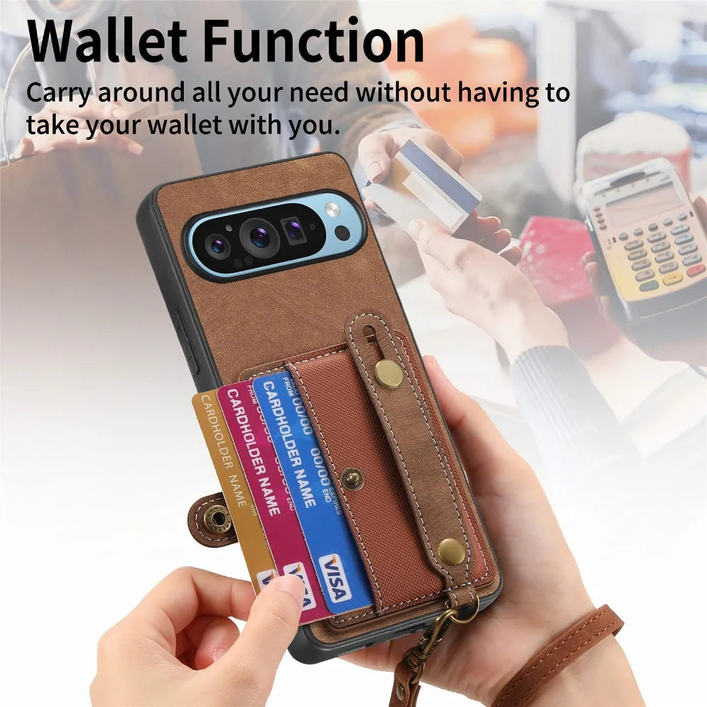 Retro PU Leather Wrist Strap Phone Case with Stand & Card Holder for Google Pixel 9 Series