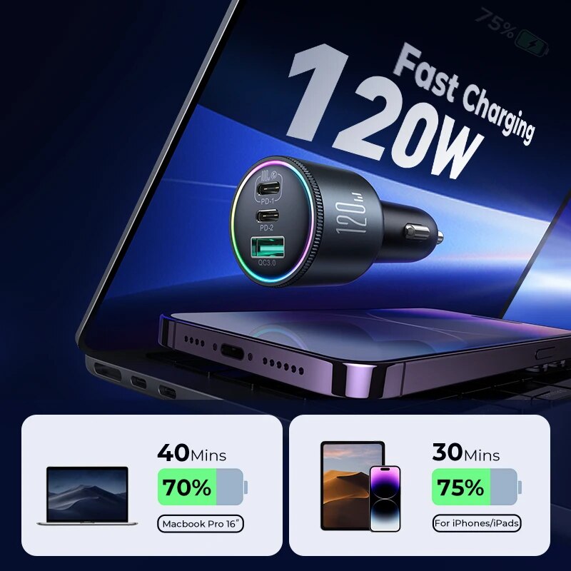 JOYROOM 120W 3-Port Car Charger - USB-C PD 100W & QC 4.0, Super Fast Charging