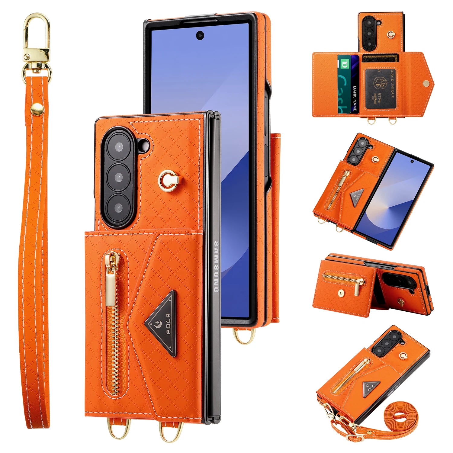 Crossbody Leather Zipper Wallet Case with Card Slots & Long Lanyard for Samsung Galaxy Z Fold 6