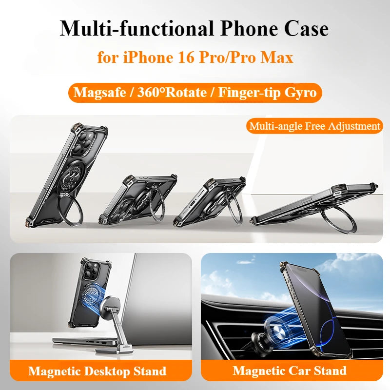 Frameless 360° Rotating Aluminum Phone Case with Bat Design  for iPhone 16 Pro and Pro Max