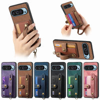 Retro PU Leather Wrist Strap Phone Case with Stand & Card Holder for Google Pixel 9 Series