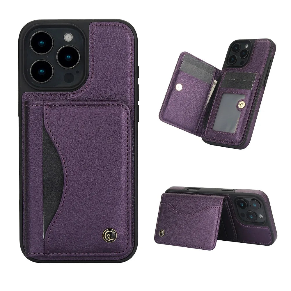 iPhone 15 Series Shockproof Wallet Case with Card Slot and Stand