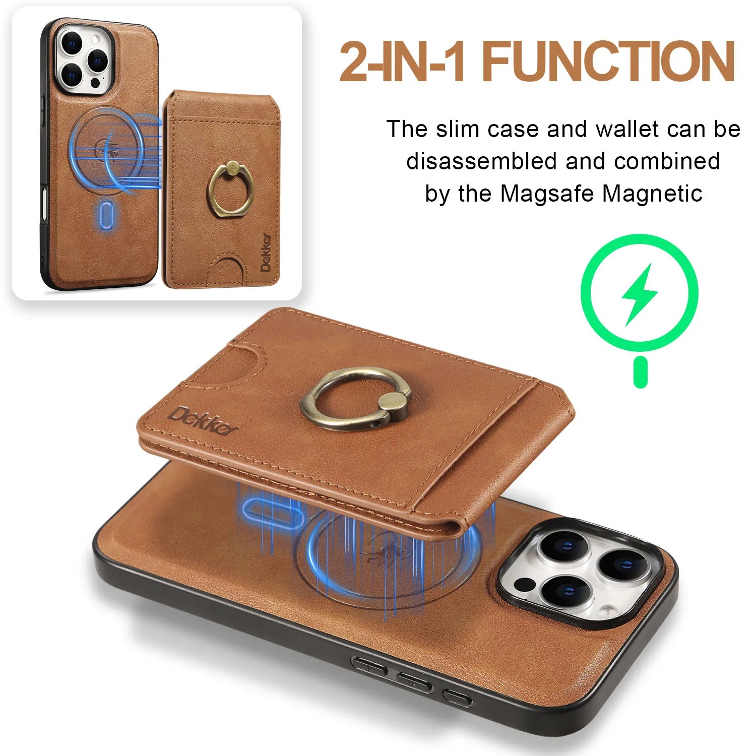 2-in-1 Leather Wallet Case with Detachable Vertical Card Slot and Ring Holder for iPhone 15 Series