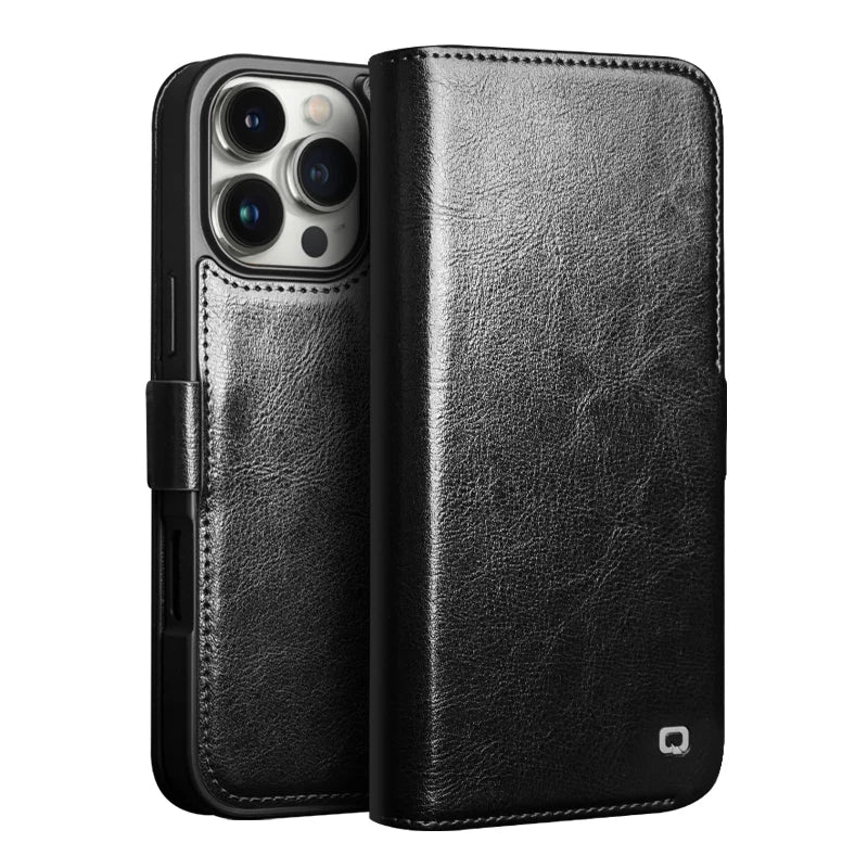 Classic Genuine Cowhide Leather Flip Wallet Case for iPhone 16 Series