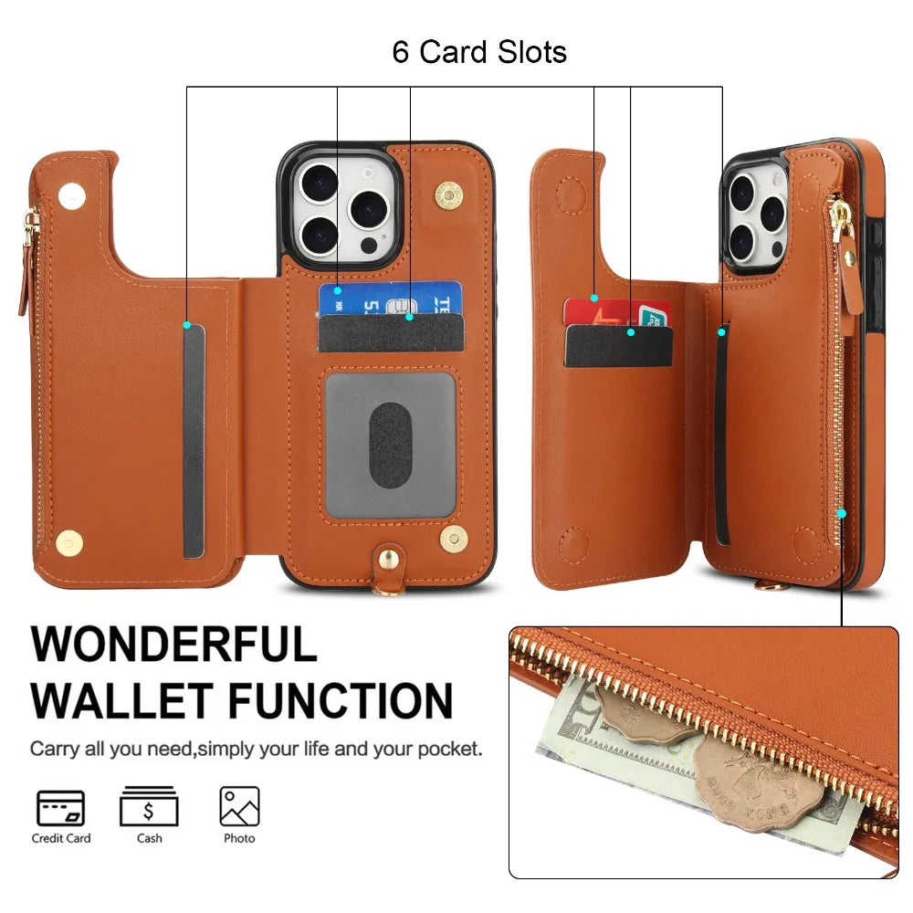 Leather Lanyard Wrist Strap Wallet Case with Card Holder for iPhone 16 Series