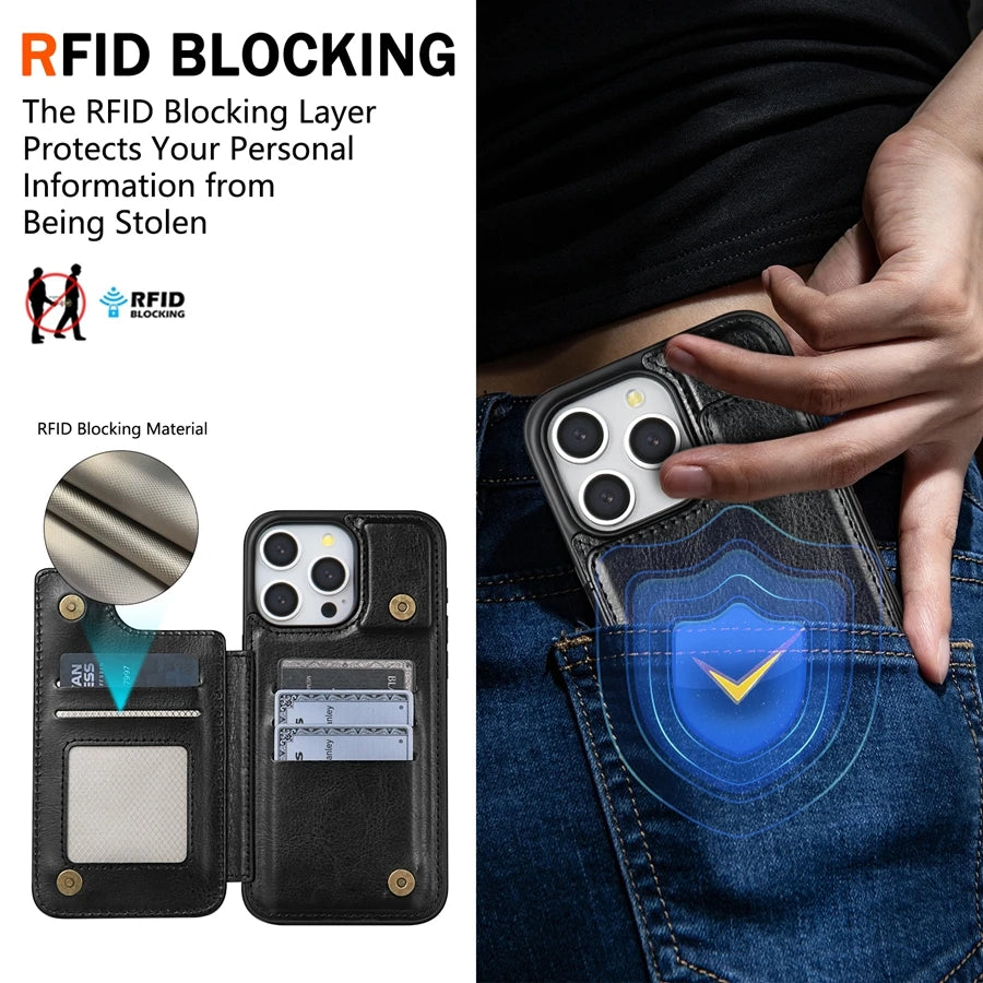 RFID Blocking Magnetic Leather Wallet Cover with Anti-Theft Protection for iPhone 14 Series