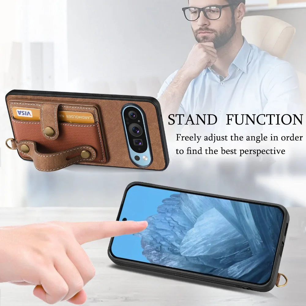 Retro PU Leather Wrist Strap Phone Case with Stand & Card Holder for Google Pixel 9 Series