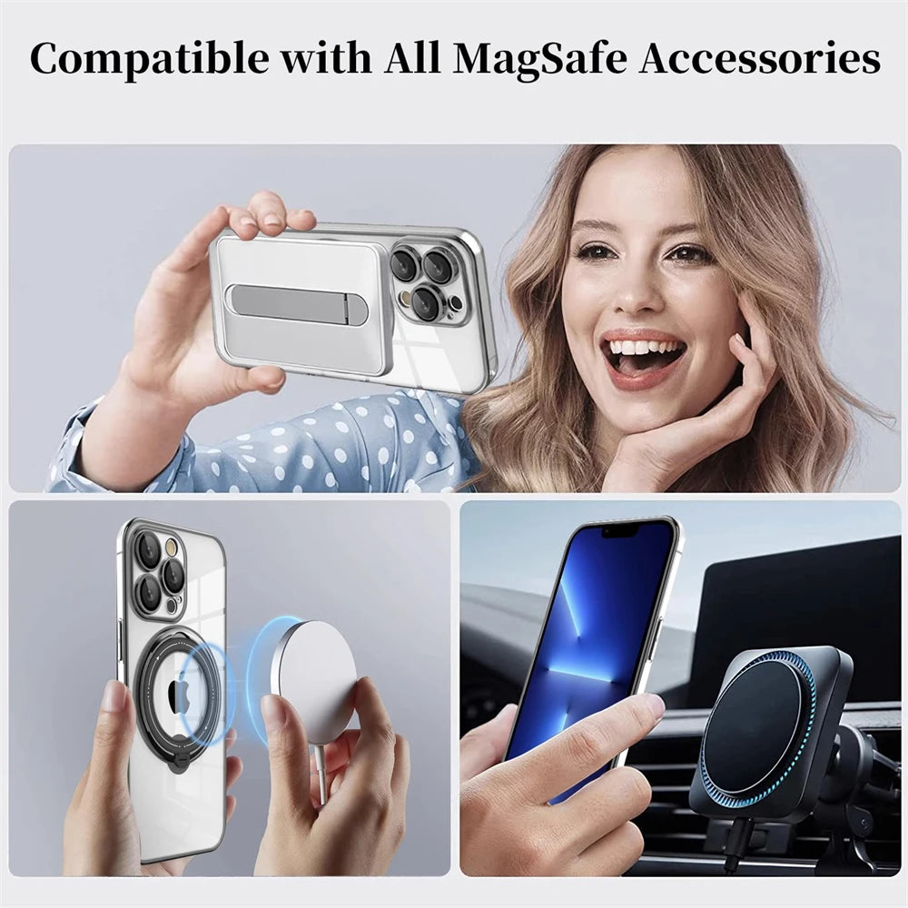 Luxury MagSafe Wireless Charging Ring Holder Lens Film Clear Phone Case for iPhone 15 Series