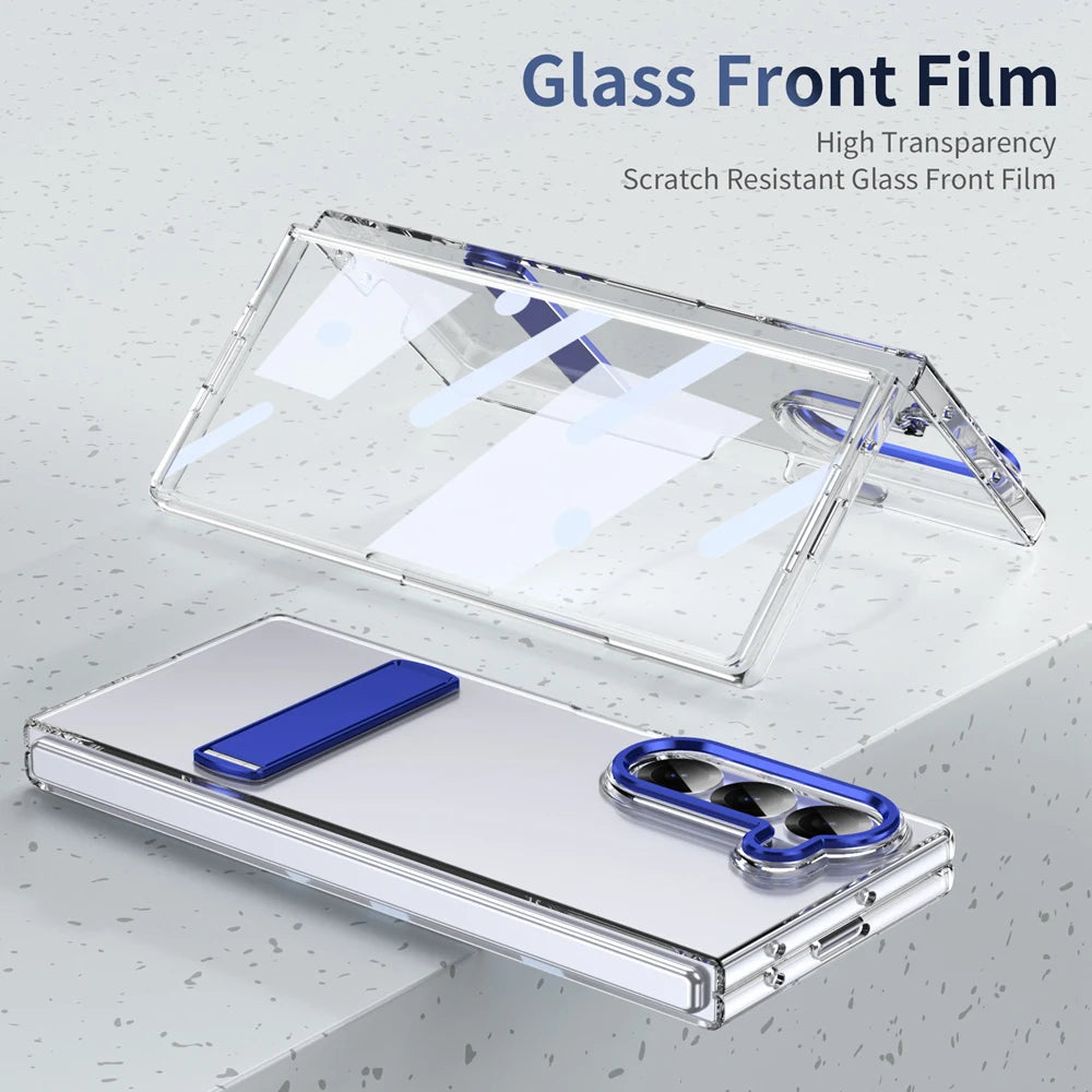 Shockproof Samsung Galaxy Z Fold 5 Transparent Case with Metal Kickstand & Screen Protector