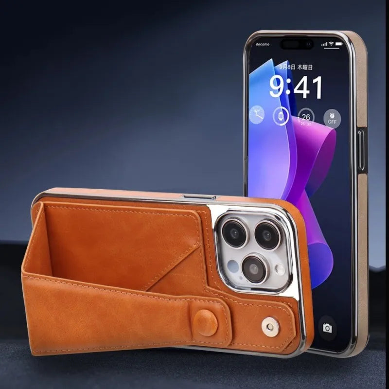 Business Leather Hidden Card Slot Magnetic Two Buckle Foldable Stand Seismic Phone Case for iPhone 15 Series