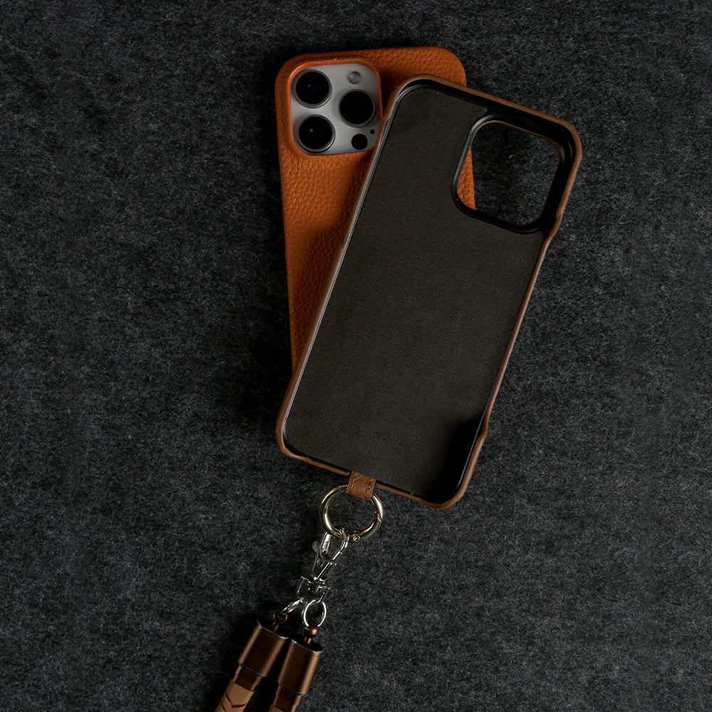 Genuine Leather Phone Case with Lanyard USB Charging Cable for iPhone 16 Series