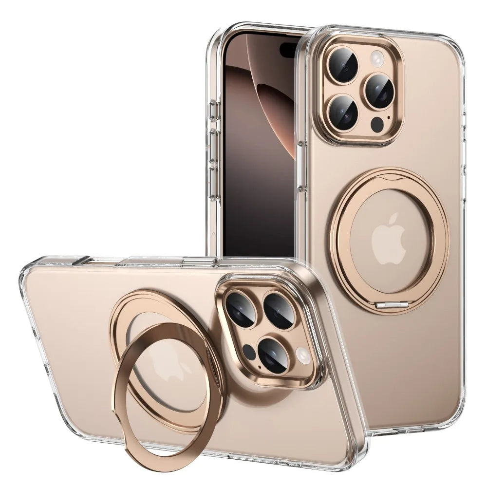 iPhone 16 Series Transparent Case with 360° Rotating Magnetic Bracket & Ring Holder