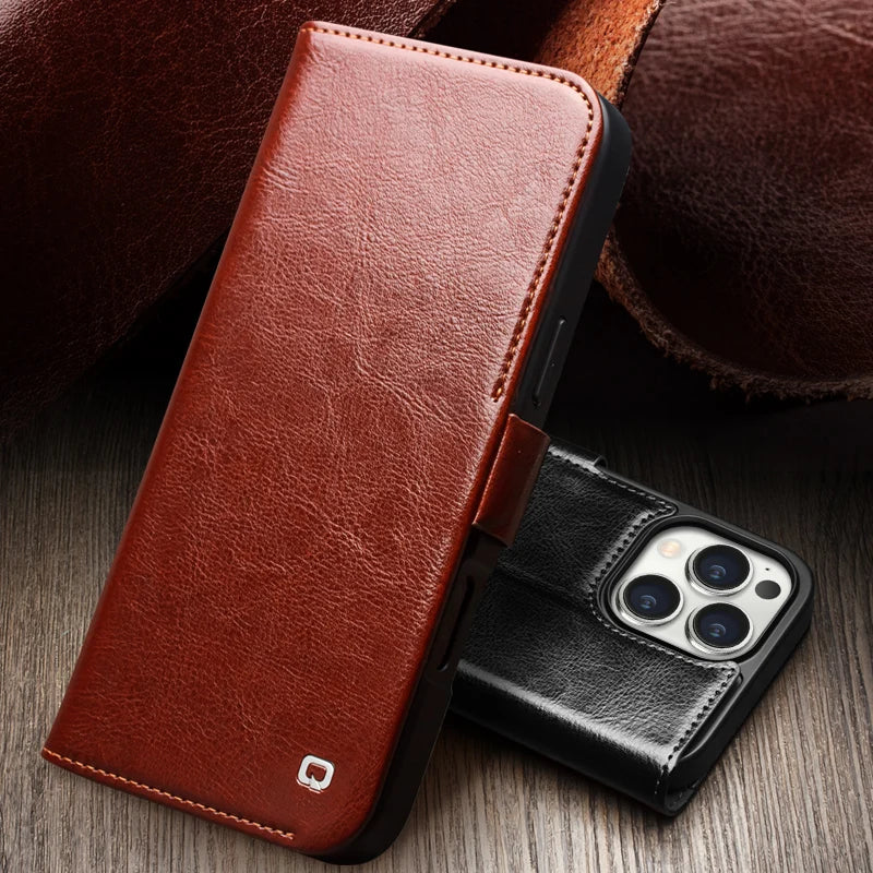 Classic Genuine Cowhide Leather Flip Wallet Case for iPhone 16 Series