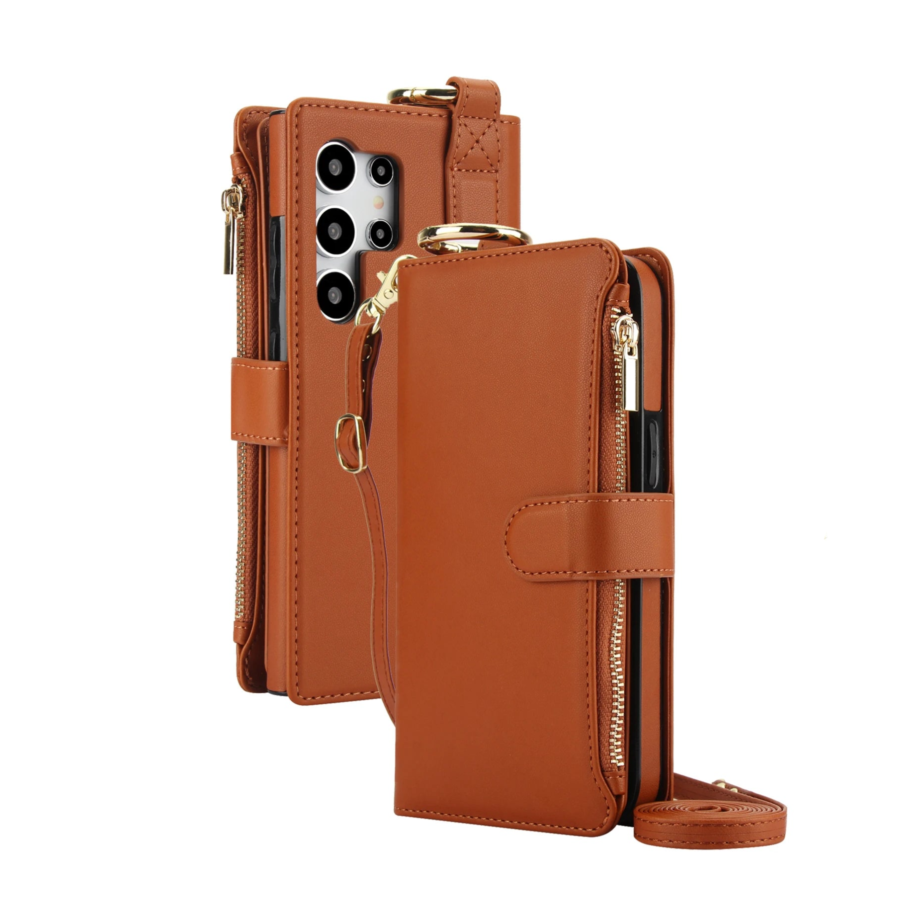 Crossbody Ring Holder Zipper Cards Slot Wallet Leather Case For Samsung Galaxy S23 Series