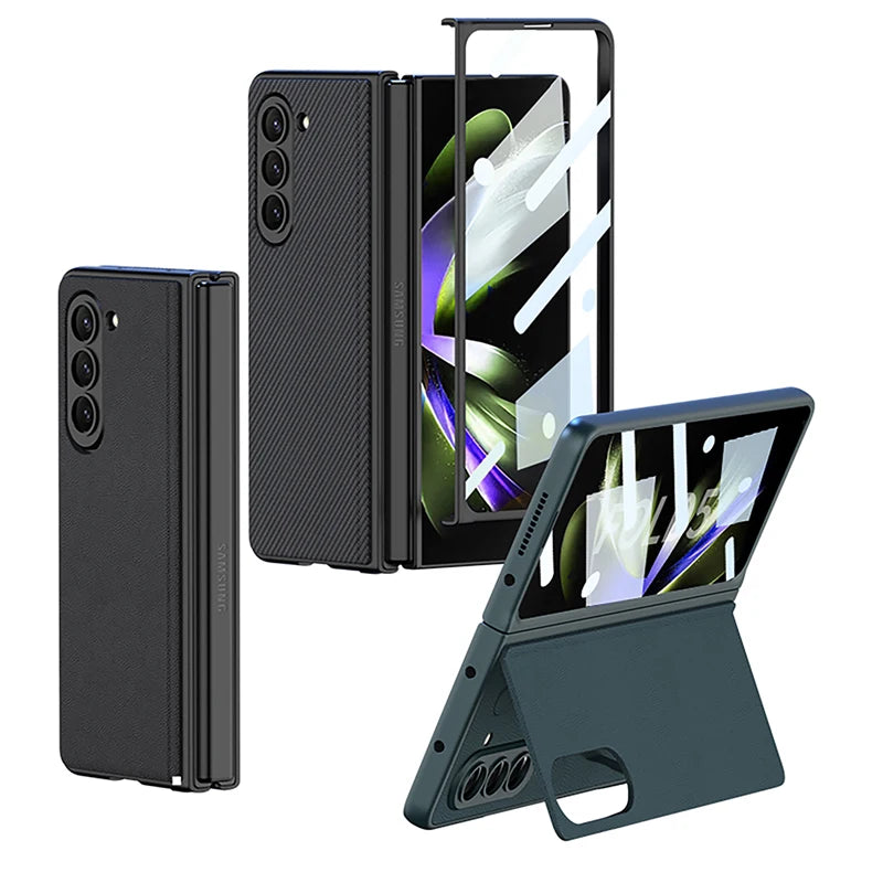 Magnetic Plain Leather Bracket Folding Kickstand Cover with Tempered Glass for Samsung Galaxy Z Fold 5