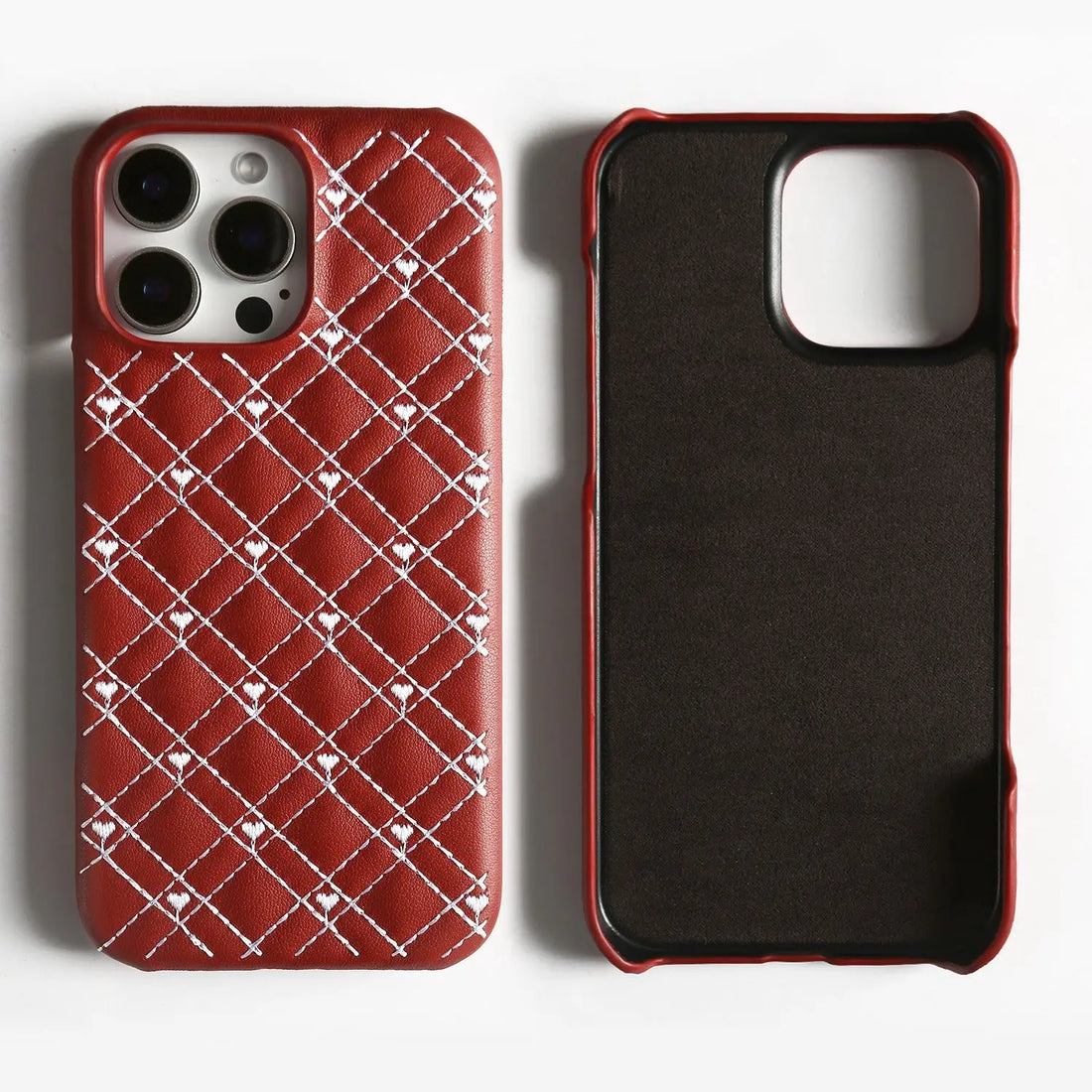 Plaid Heart Pattern Genuine Leather Phone Case for iPhone 16 Series