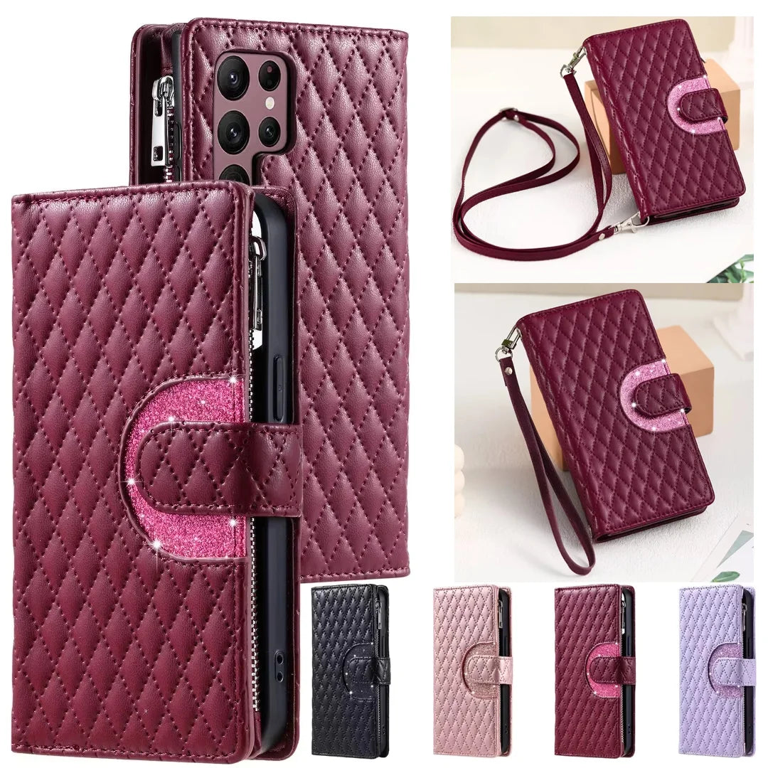 Zipper Wallet Flip Leather Phone Case with Long Lanyard for Samsung Galaxy S24 Series