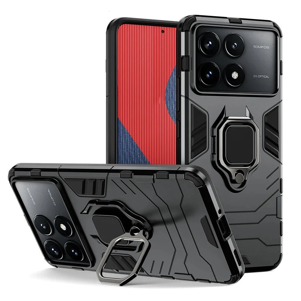 Shockproof Armor Soft Silicone + PC Metal Ring Stand Phone Case for Xiaomi POCO X6 and POCO X6 Pro