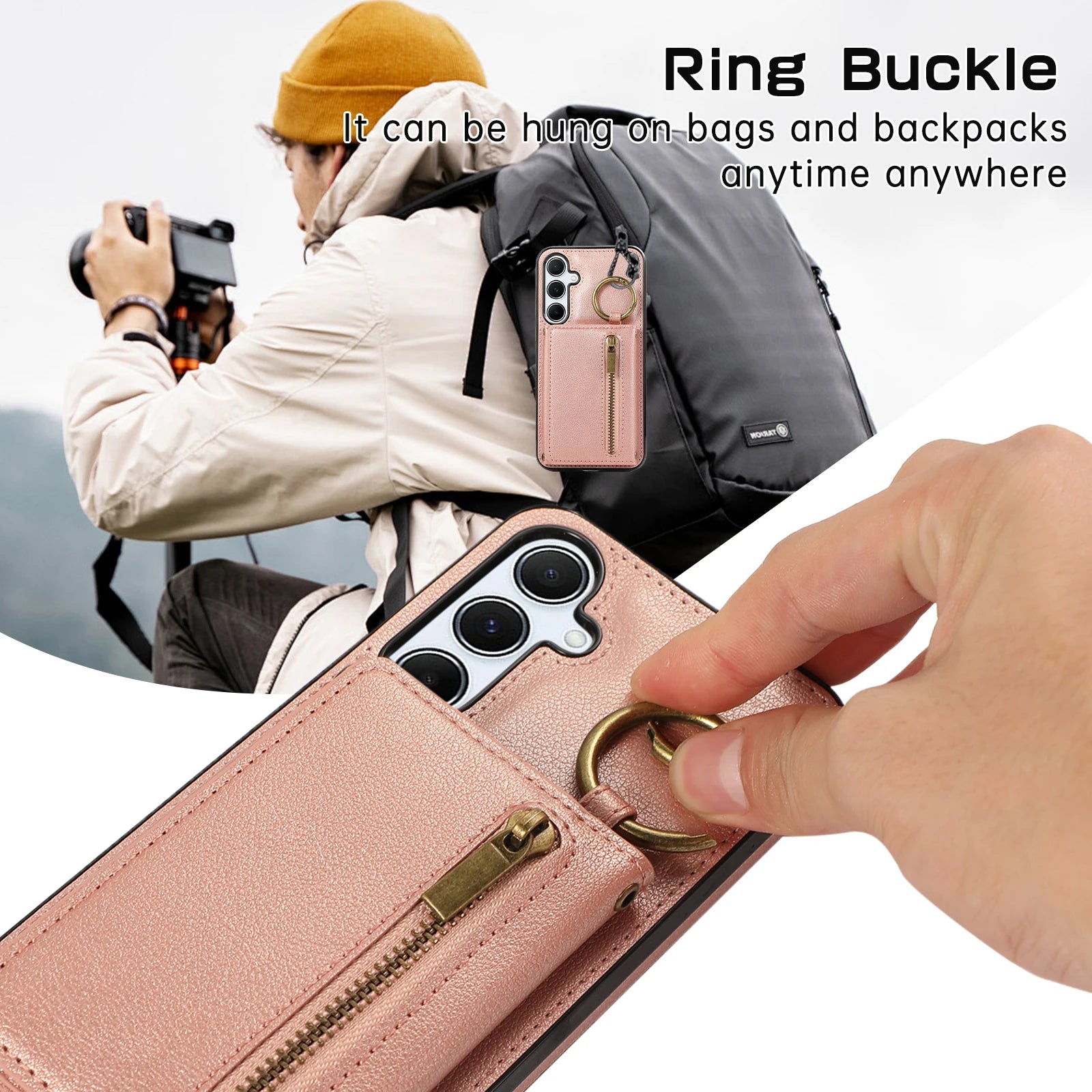 Crossbody Triple Wallet Leather Zipper Case with Ring Holder forSamsung Galaxy  S23 Series