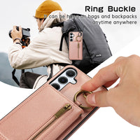 Crossbody Triple Wallet Leather Zipper Case with Ring Holder for Samsung Galaxy S24 Series