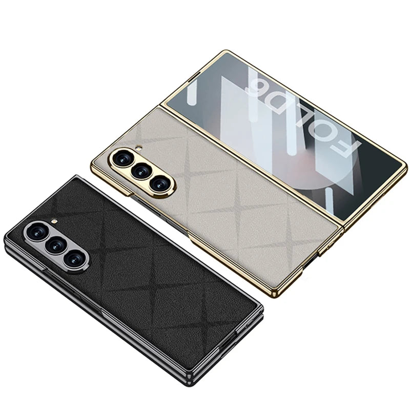 Electroplated Leather Folding Case with Tempered Glass for Samsung Galaxy Z Fold 6