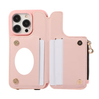 Ring Holder Crossbody Wallet Leather Case with Zipper Card Slot and Makeup Mirror for iPhone 14 Series