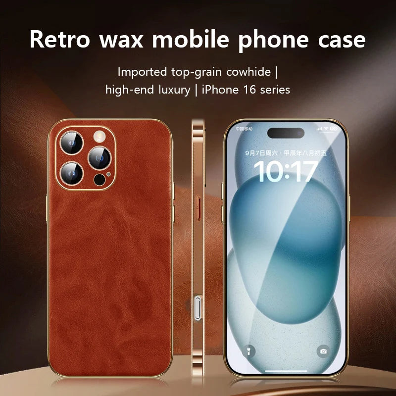 Genuine Oil Wax Leather Phone Case for iPhone 16 Series – Luxury Meets Protection