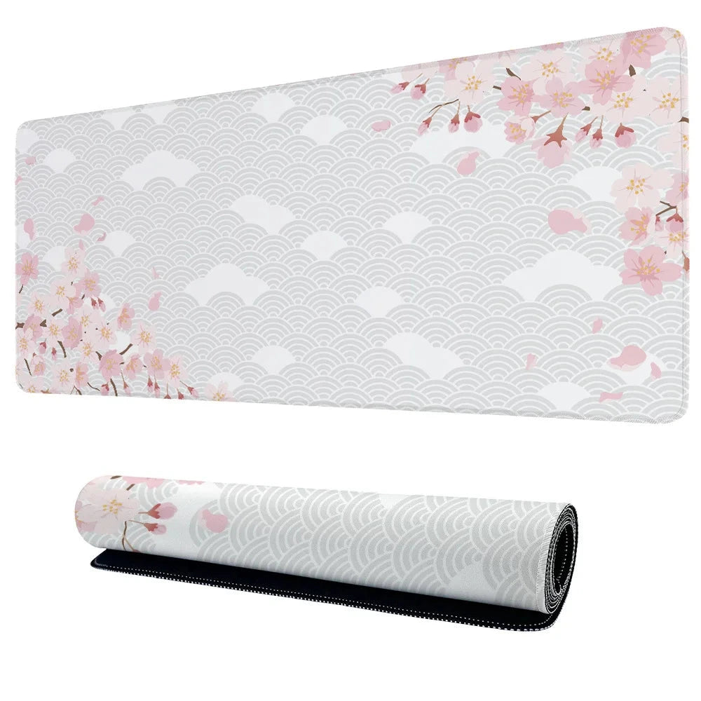 Pink Cherry Blossom gaming mouse pad with wear-resistant edge and rubber base
