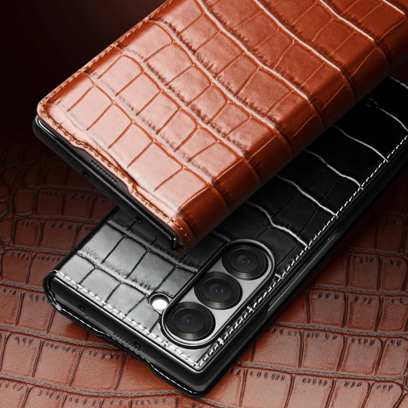 Luxury Genuine Cowhide Leather Flip Case for Samsung Galaxy Z Fold 6 with Crocodile Texture