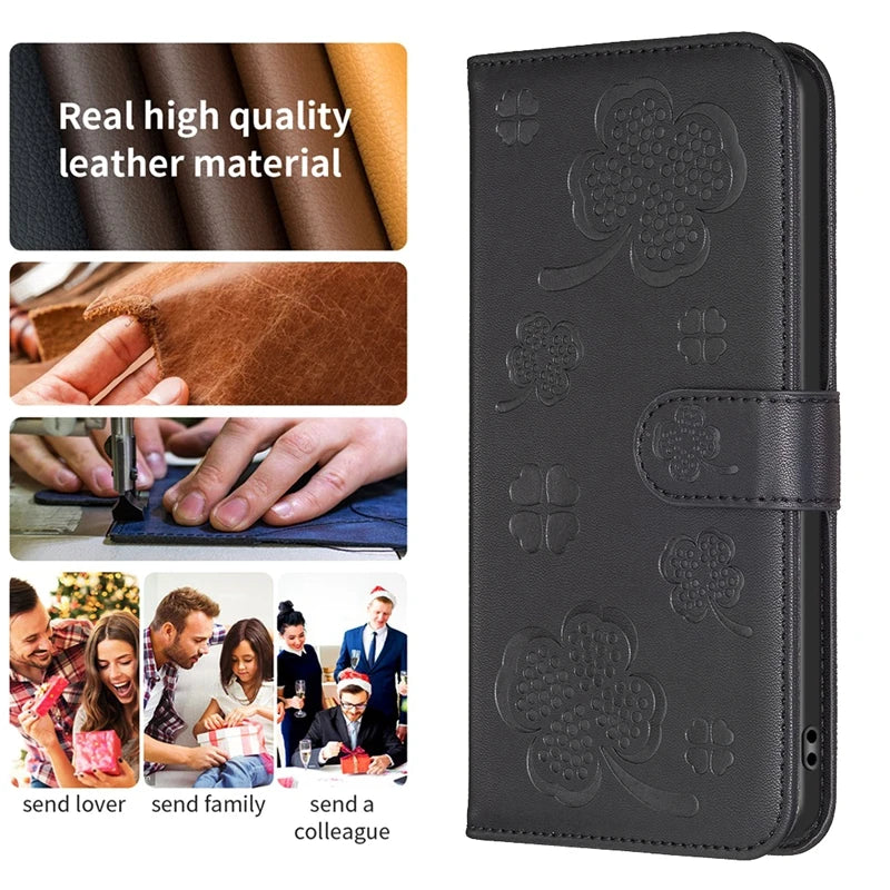 Four Leaf Clover Embossed Wallet Magnetic Leather Case for Samsung Galaxy S23 Series