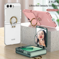 Shockproof Hard Shell Ring Holder Phone Case with Mirror Back Screen Protection for Samsung Galaxy Z Flip 6