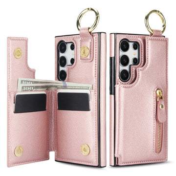 Zipper Card Slot Leather Wallet Case with Ring Holder for Samsung Galaxy S24 Series