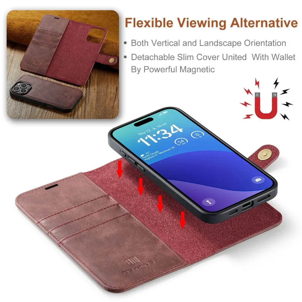 Detachable Magnetic Leather Wallet Case with Card Holder for iPhone 15 Series