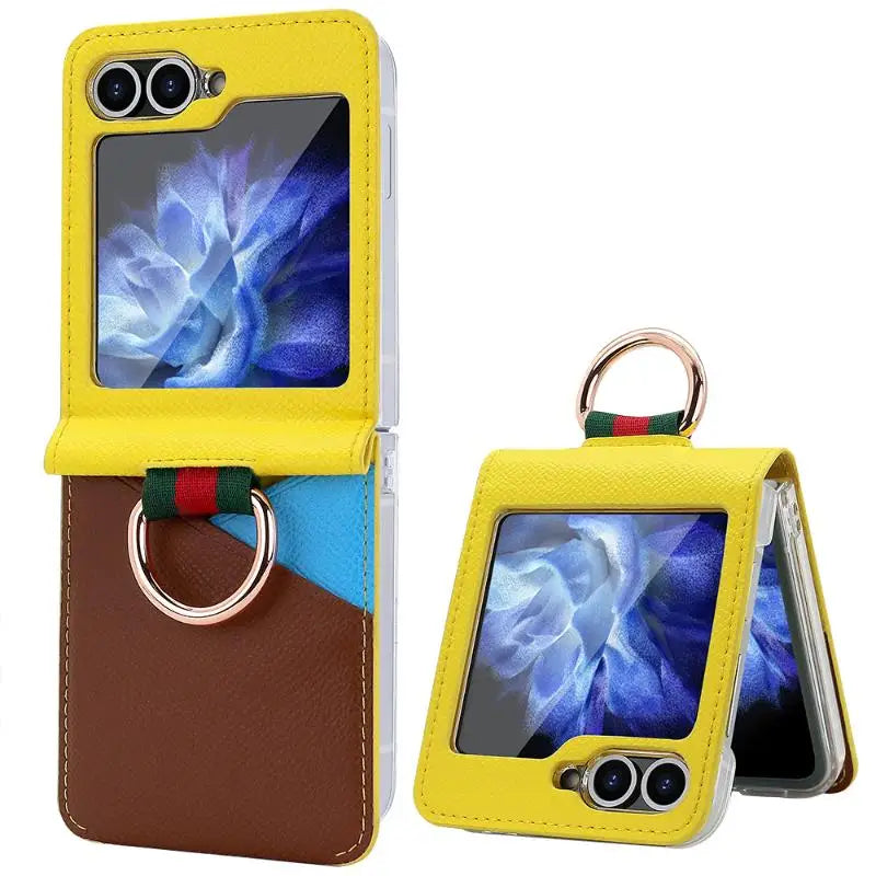 Geometric Leather Case with Ring and Card Holder for Samsung Galaxy Z Flip 6