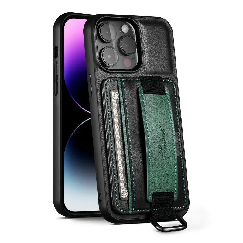 Shockproof Leather Case with Wrist Strap for iPhone 16 Series