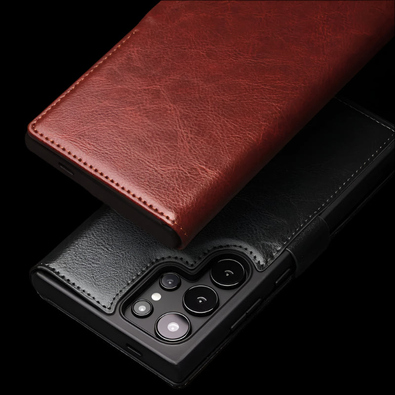 Premium Natural Cowhide Leather Flip Wallet Case for Samsung Galaxy S25 Series