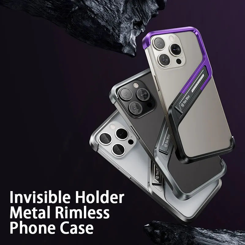 Aluminum Rimless Phone Case with Metal Invisible Holder for iPhone 15 Series