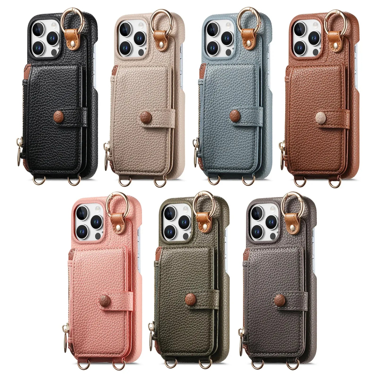 Zipper Wallet Leather Case with Crossbody Lanyard for iPhone 16 Series