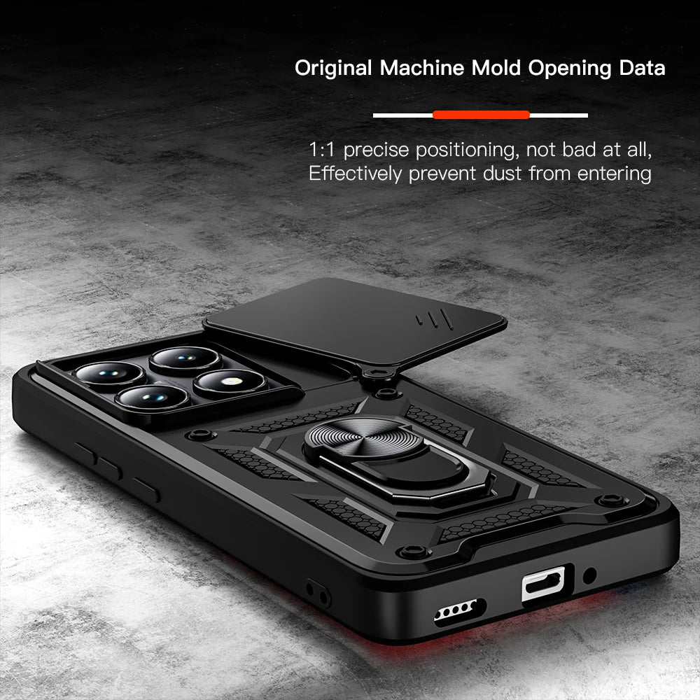 Shockproof Armor Case with Slide Camera Lens Protection and Ring Stand for Xiaomi 14T Series