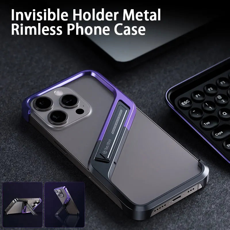 Sleek Aluminum Rimless iPhone 14 Case with Discreet Metal Stand