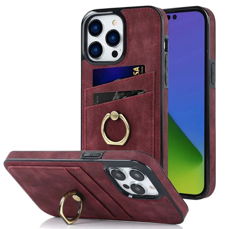 iPhone 16 Series Shockproof Retro Wallet Case with Card Slots