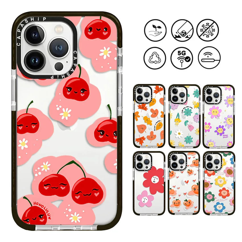 Colorful Leaves & Flowers Cherry Soft TPU Shockproof Back Case for iPhone 15 Series