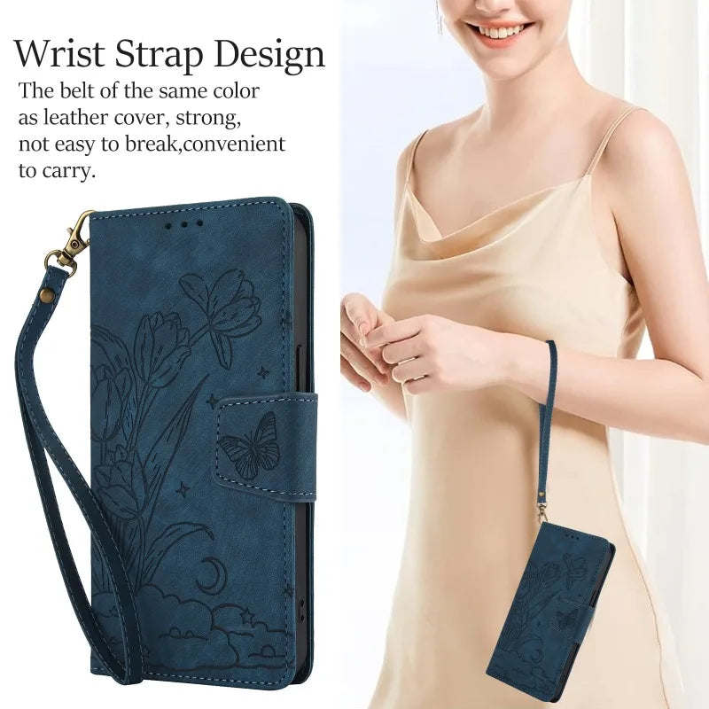 Flower Wrist Strap Wallet Phone Case with Card Holder for iPhone 15 Series