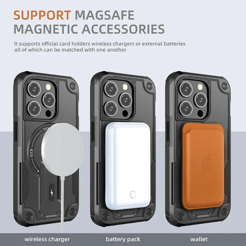 Shockproof MagSafe Armor Case with Holder for iPhone 15 Series