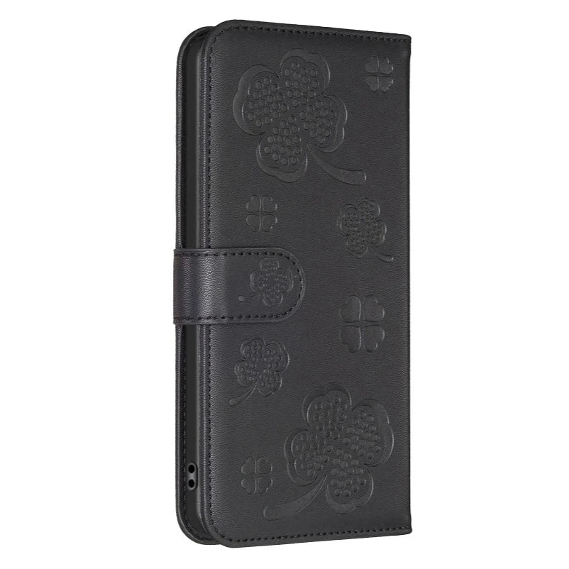 Four Leaf Clover Embossed Wallet Magnetic Leather Case for iPhone 14 Series