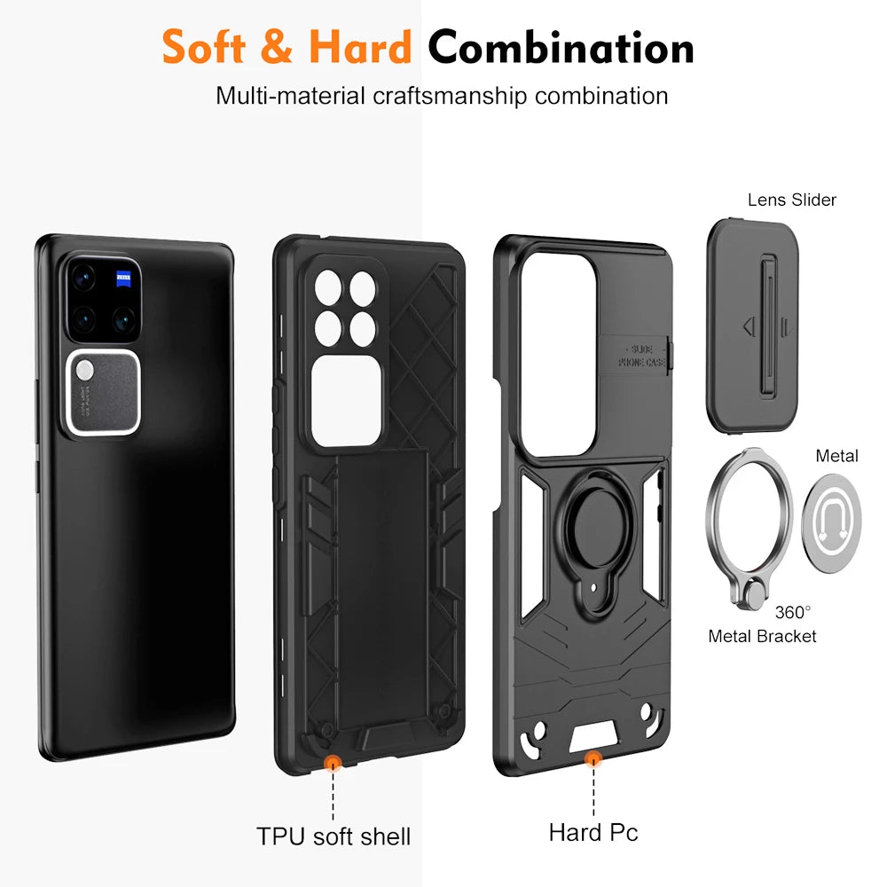 Shockproof Armor Case with Slide Camera Lens Protection and Ring Stand for VIVO V30 Series