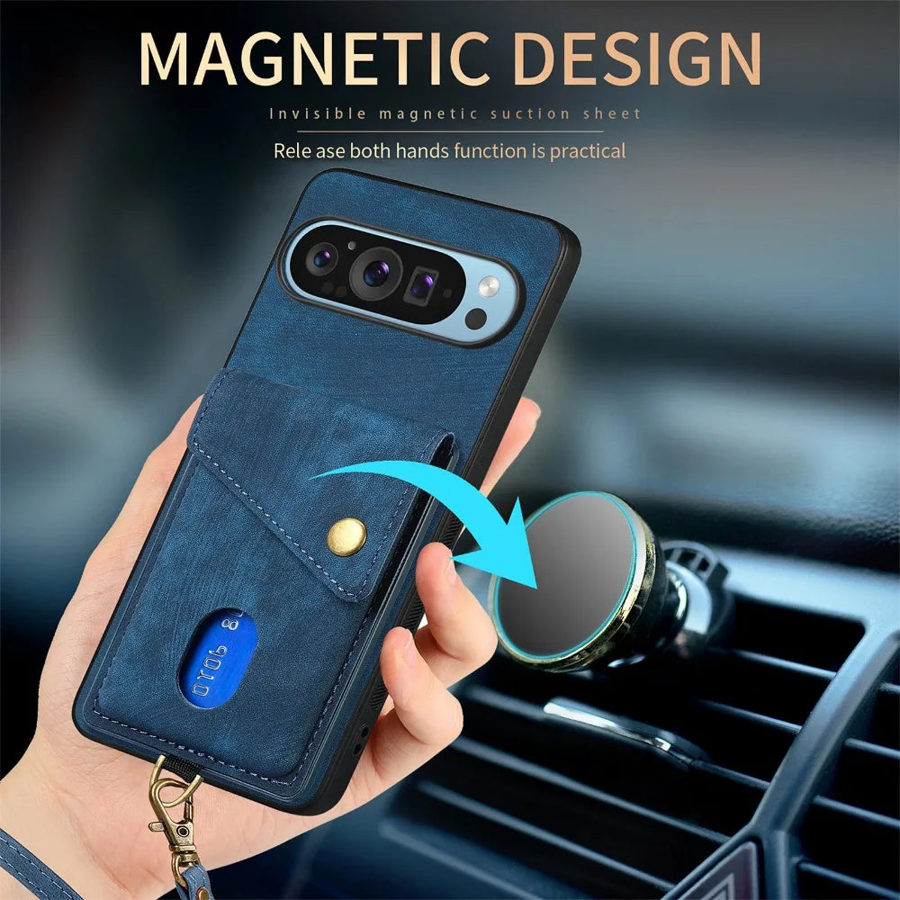 PU Leather Shockproof Wrist Strap Wallet Phone Case with Card Holder for Google Pixel 9 Series